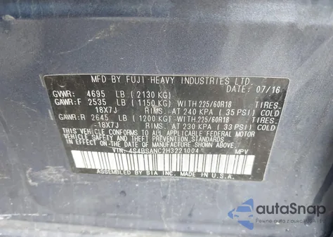 2017 Subaru Outback 2.5I Limited z USA, uszkodzony, nr VIN 4S4BSANC2H3221004